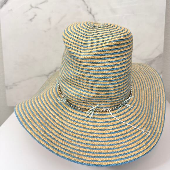 Gigi Burris Millinery Womens Jeanne Staw Hat Striped Metal Feather Summer Blue main image 7